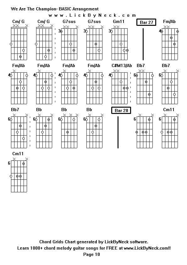 Chord Grids Chart of chord melody fingerstyle guitar song-We Are The Champion- BASIC Arrangement,generated by LickByNeck software.